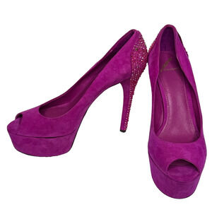 Brian Atwood Baccina Heel Womens 9 Purple Suede Crystal Peep Toe Platform Pump